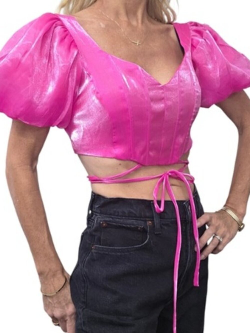 Storia Hot Pink Satin Corset Crop Top M Puff Sleeve Wrap Tie